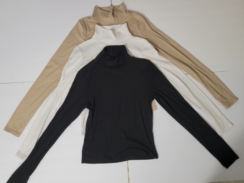 Blue Rain Francesca’s Womens M Mock Neck Long Sleeve Tops Lot 3 Black White Tan
